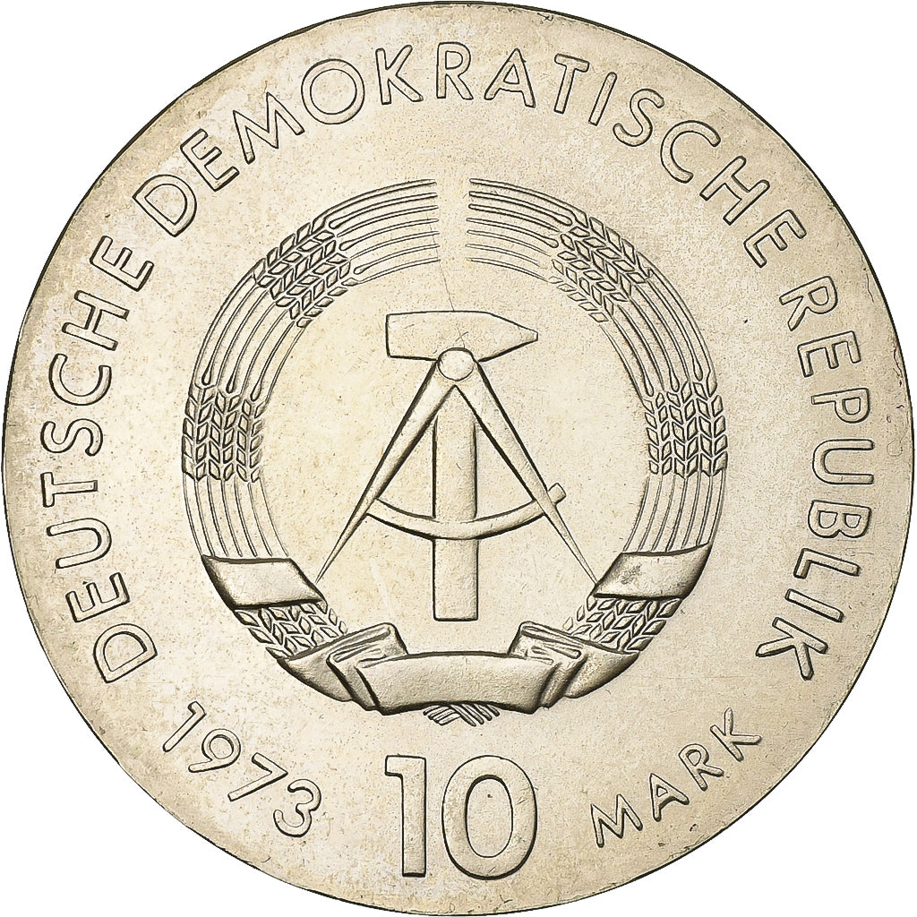 REPÚBLICA DEMOCRÁTICA ALEMANA, 10 Mark, 1973, Plata, EBC, KM:45