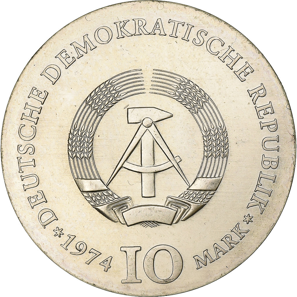 ALEMANHA - REPÚBLICA DEMOCRÁTICA, 10 Mark, 1974, Prata, AU(55-58), KM:52
