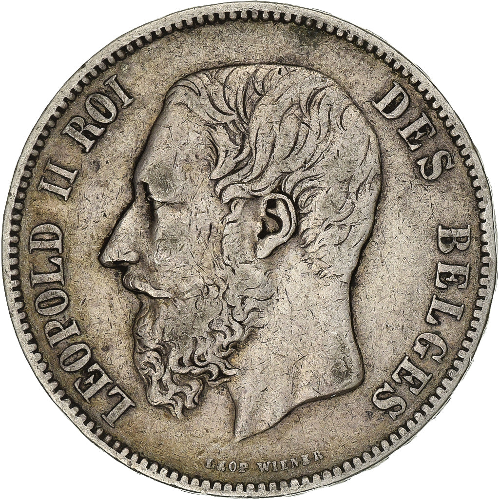 Belgium, Leopold II, 5 Francs, 1876, Brussels, Silver, VF(30-35)
