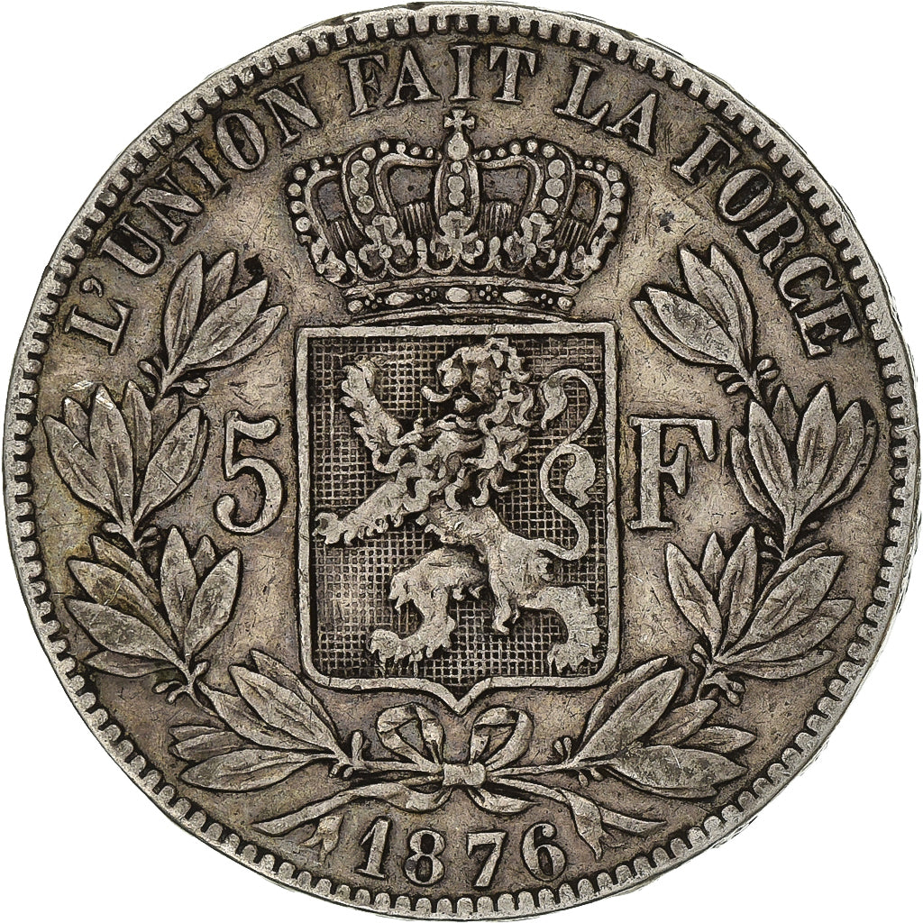 Belgium, Leopold II, 5 Francs, 1876, Brussels, Silver, VF(30-35)
