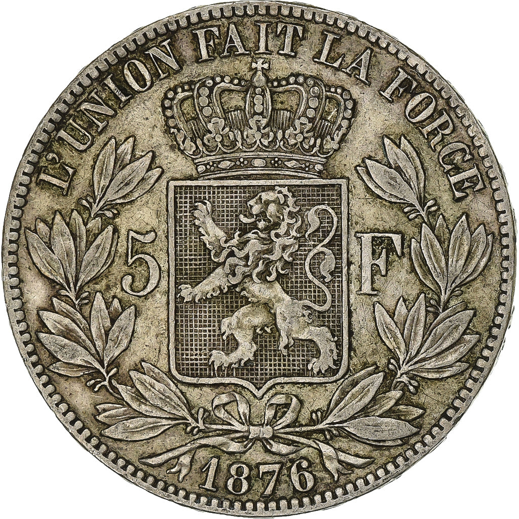 Belgium, Leopold II, 5 Francs, 1876, Brussels, Silver, EF(40-45)