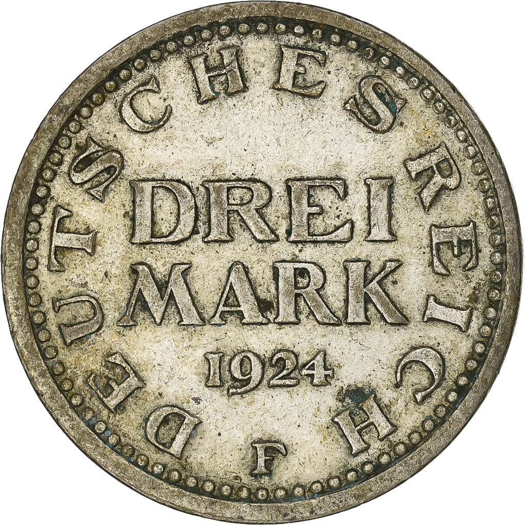 GERMANIA, REPUBBLICA DI WEIMAR, 3 Mark, 1924, Stuttgart, Argento, BB, KM:53