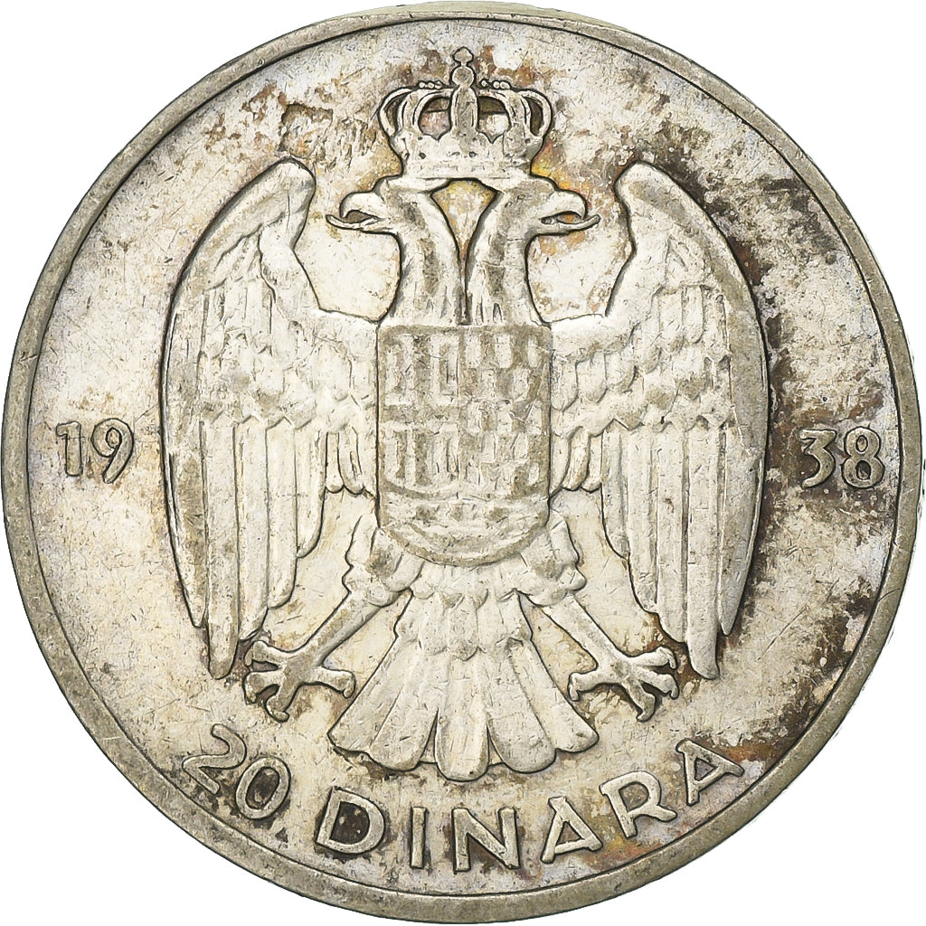 Yugoslavia, Petar II, 20 Dinara, 1938, Silver, VF(30-35), KM:23