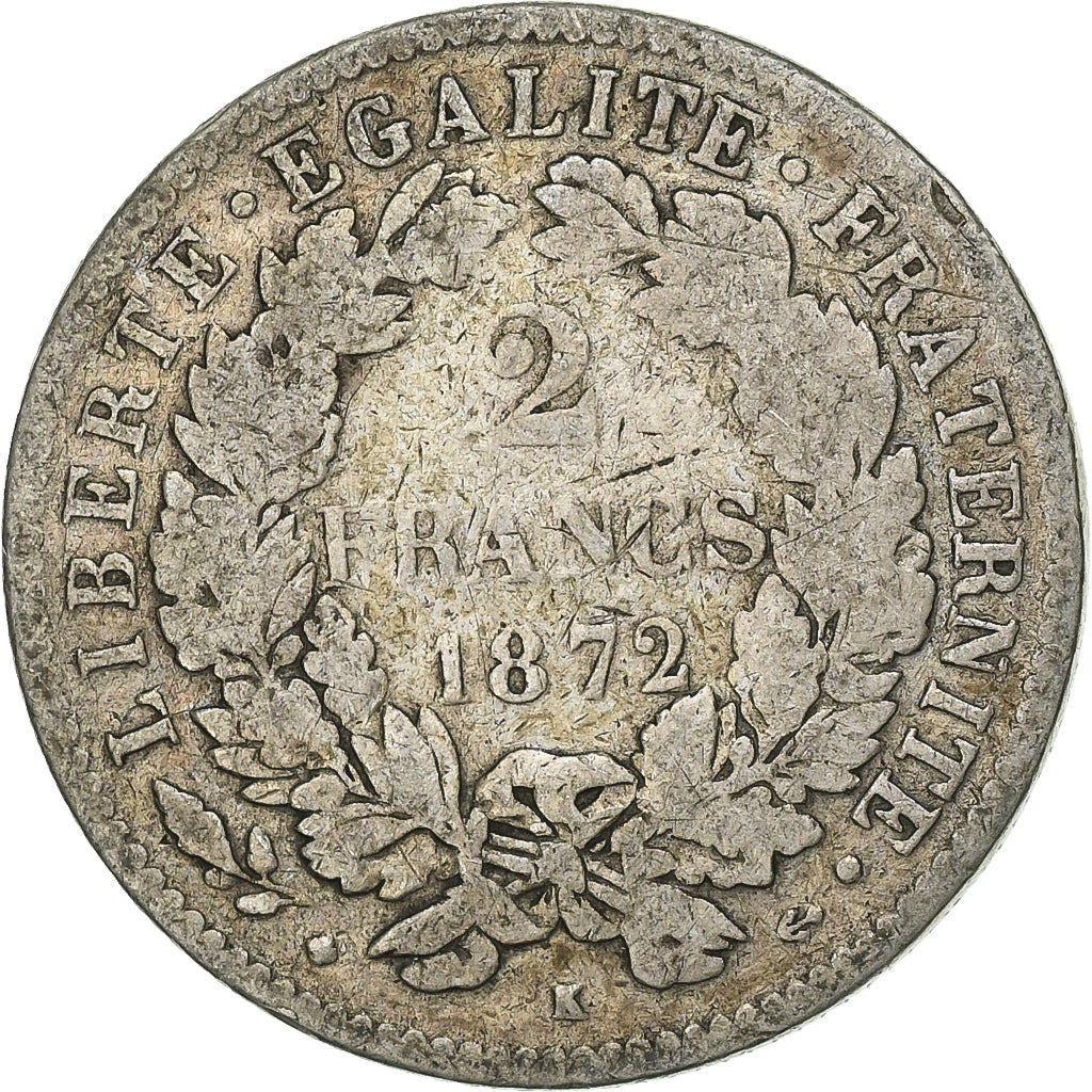 France, 2 Francs, Cérès, 1872, Bordeaux, Silver, VF(20-25), Le Franc:F.265
