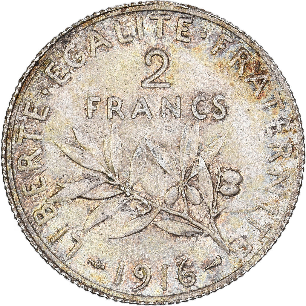 France, 2 Francs, Semeuse, 1916, Paris, Silver, MS(60-62), Gadoury:532, KM:845.1
