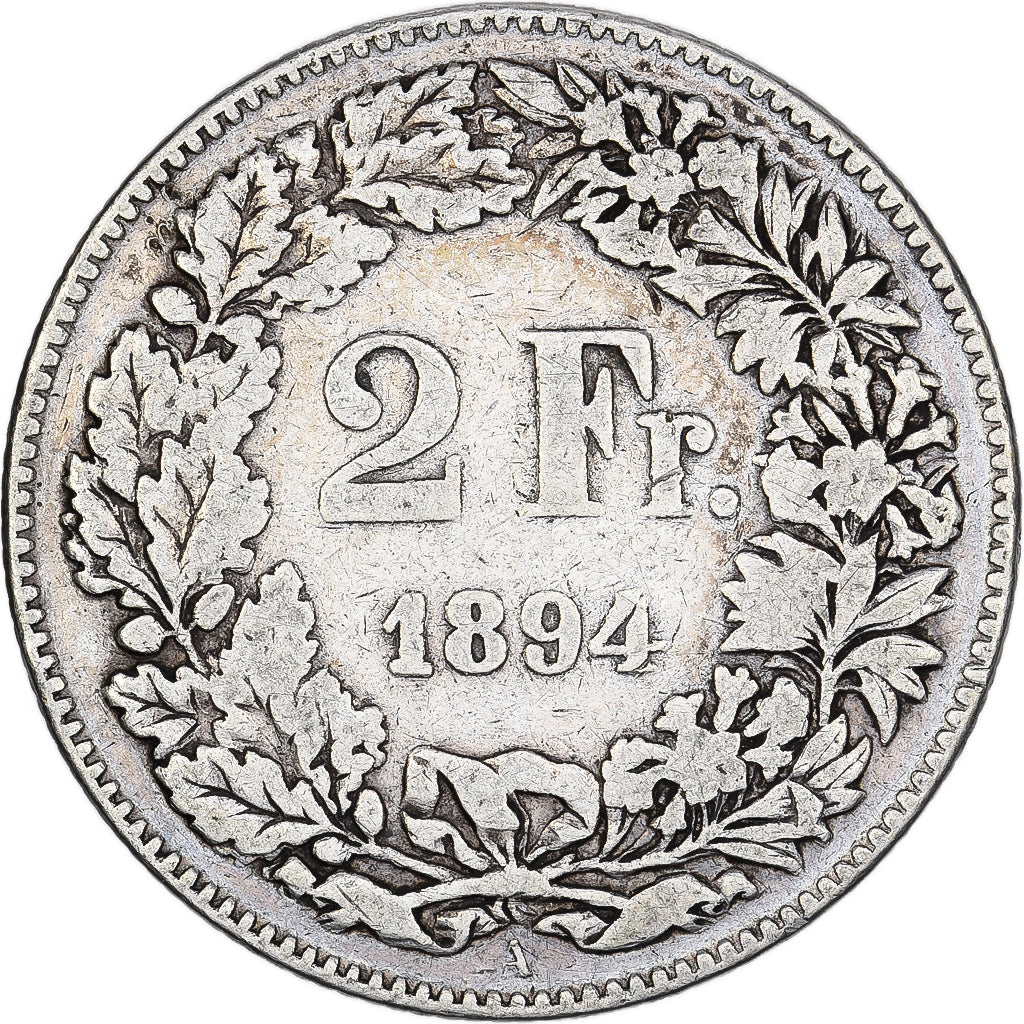 Suiza, 2 Francs, 1894, Paris, Plata, BC+, KM:21