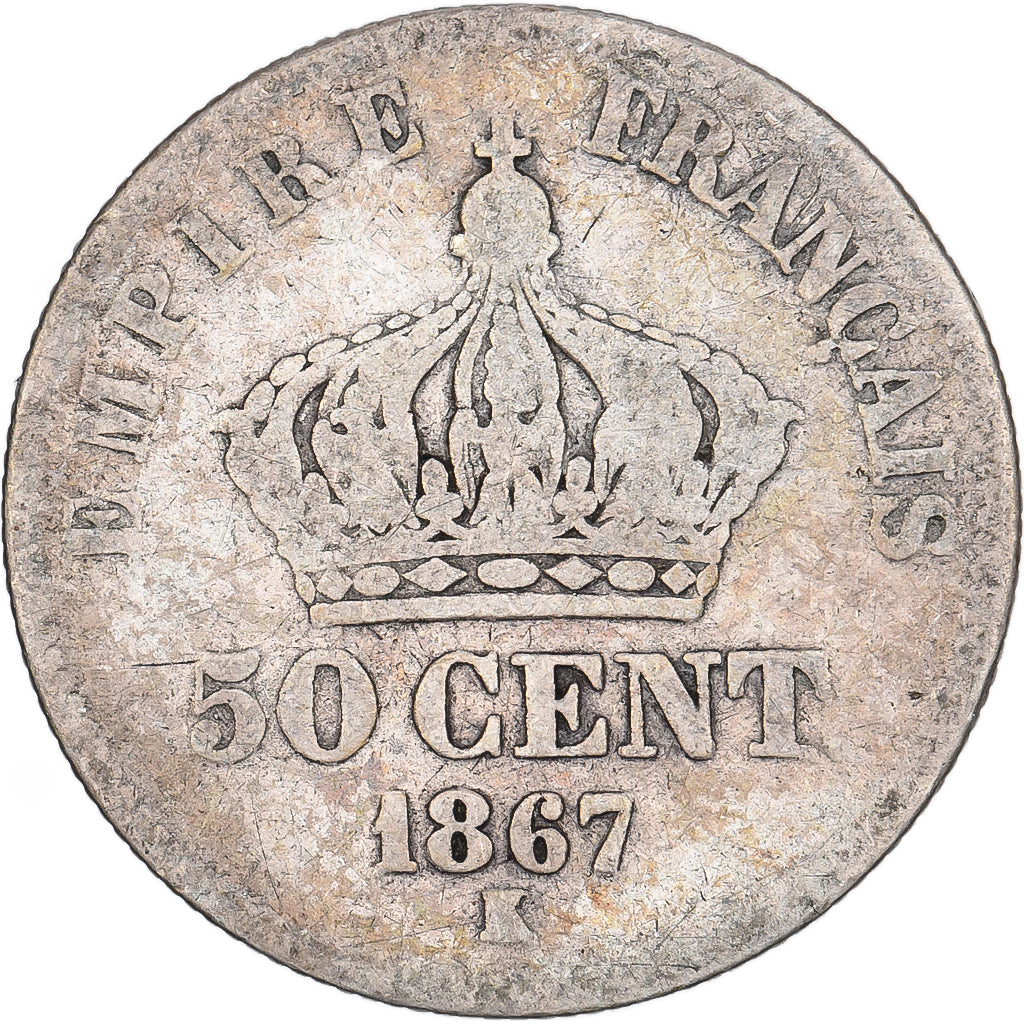 Francia, Napoleon III, 50 Centimes, 1867, Bordeaux, Plata, BC, Gadoury:417
