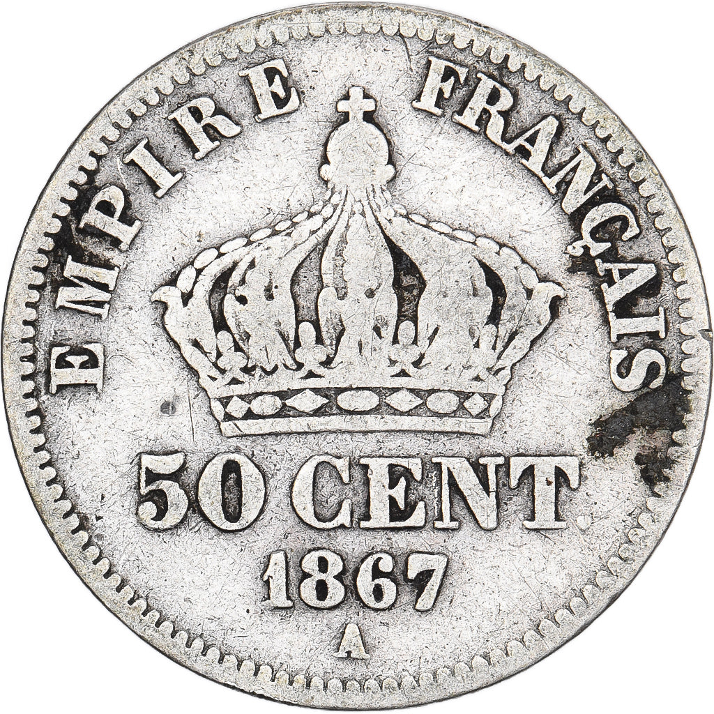 Francia, Napoleon III, 50 Centimes, Napoléon III, 1867, Paris, Argento, MB