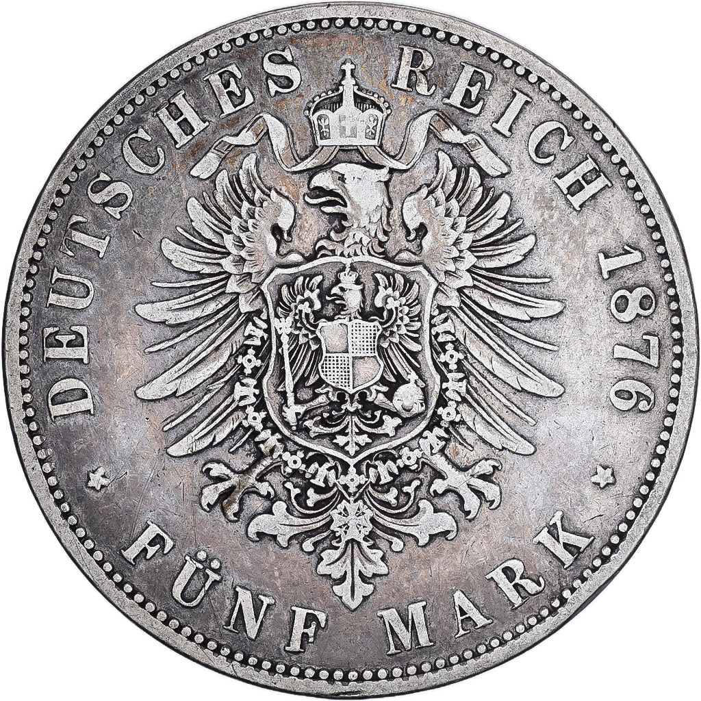 GERMAN STATES, 5 Mark, 1876, Berlin, KM #503, VF(30-35), Silver, 27.37