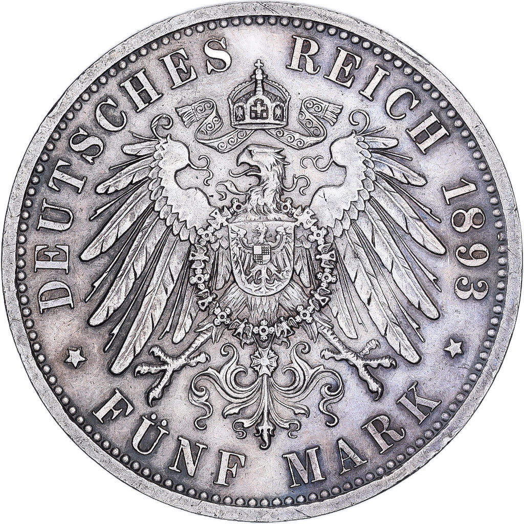 Estados Alemães, PRUSSIA, Wilhelm II, 5 Mark, 1893, Berlin, Prata, AU(50-53)