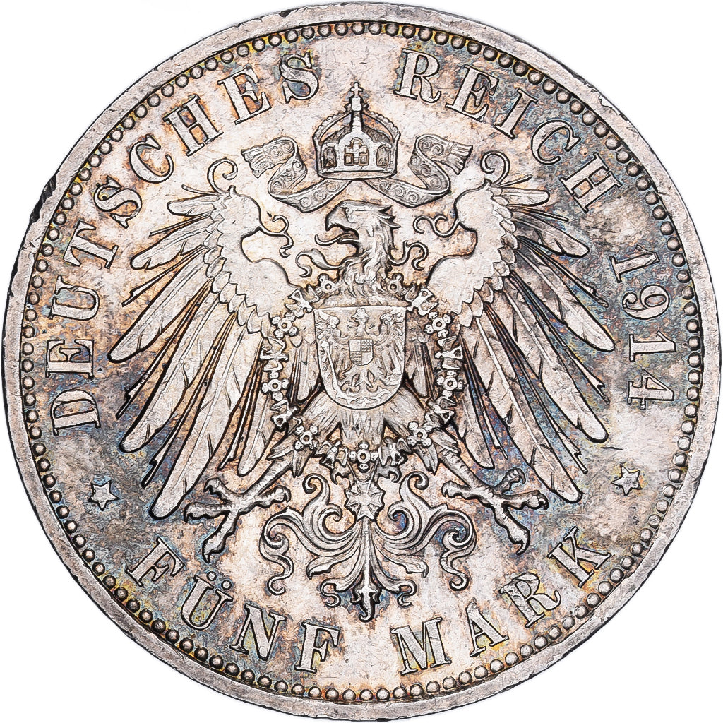 Estados Alemães, PRUSSIA, Wilhelm II, 5 Mark, 1914, Berlin, Prata, AU(55-58)