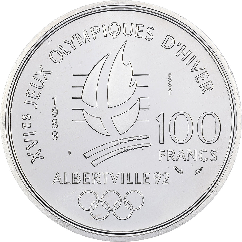 France, 100 Francs, Albertville - Alpine Skiing, 1989, ESSAI, Silver, MS(65-70)