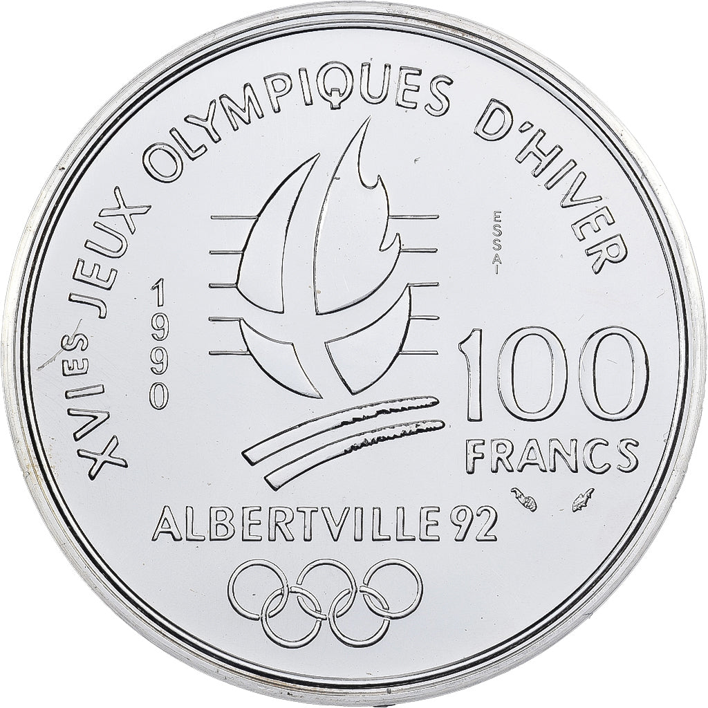 France, 100 Francs, Albertville - Slalom, 1990, Monnaie de Paris, ESSAI, Silver