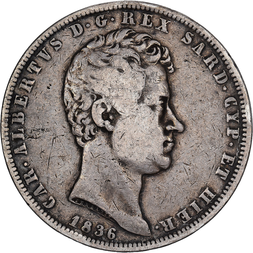 STATI ITALIANI, SARDINIA, Carlo Alberto, 5 Lire, 1836, Genoa, Argento, MB+