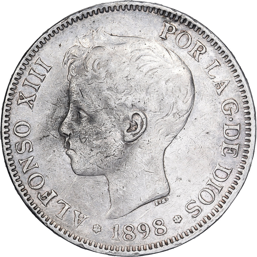 Espanha, Alfonso XIII, 5 Pesetas, 1898, Valencia, Prata, VF(30-35), KM:707