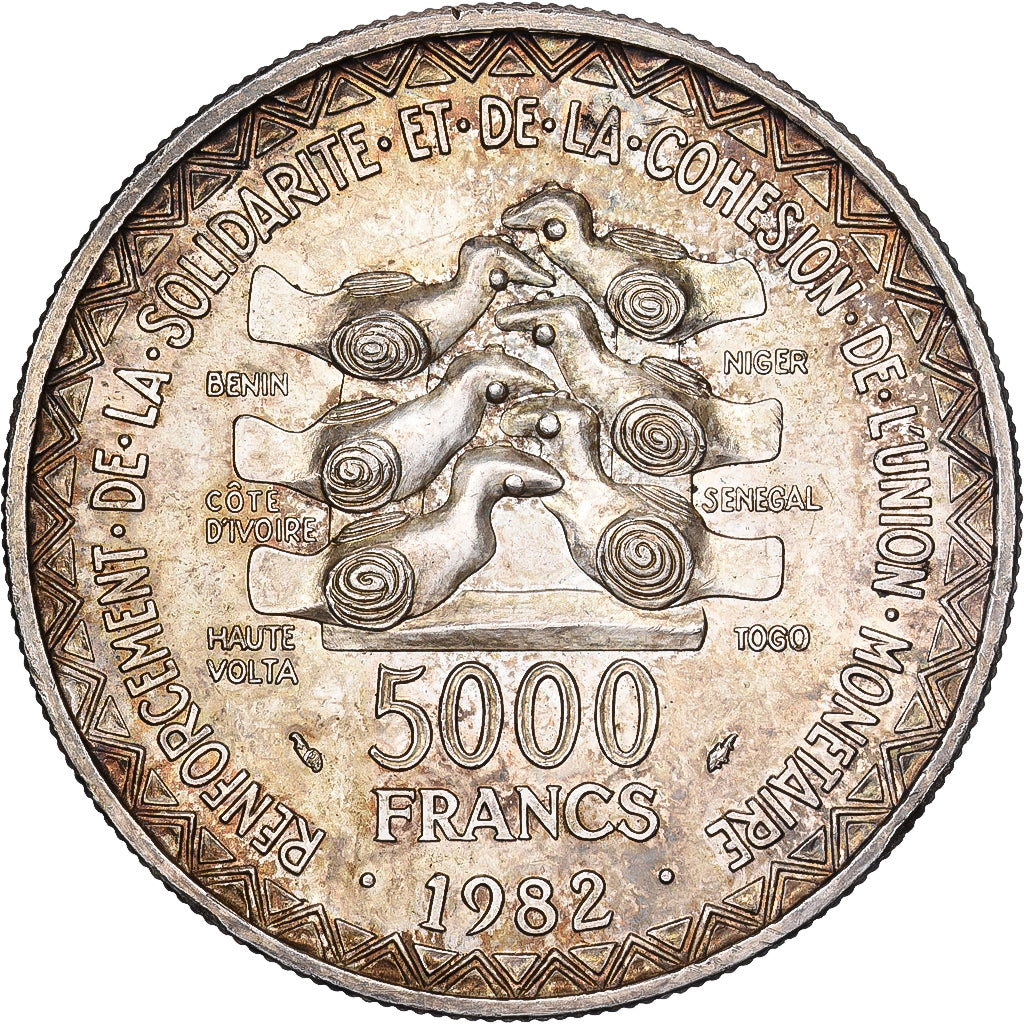 West African States, 5000 Francs, 1982, Silver, AU(55-58), KM:11
