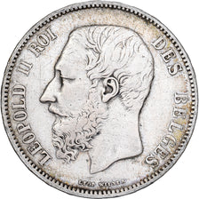 Bélgica, Leopold II, 5 Francs, 5 Frank, 1866, Plata, BC+, KM:24