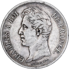 France, 5 Francs, Charles X, 1827, Strasbourg, Argent, TB+, Gadoury:644