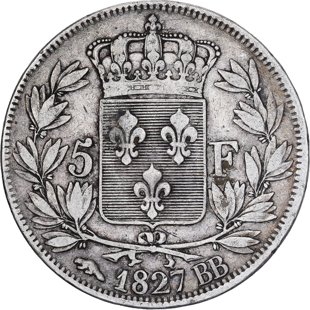France, 5 Francs, Charles X, 1827, Strasbourg, Silver, VF(30-35), Gadoury:644
