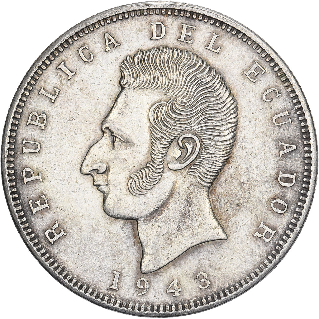 Ecuador, 5 Sucres, Cinco, 1943, Mexico City, Argento, BB+, KM:79