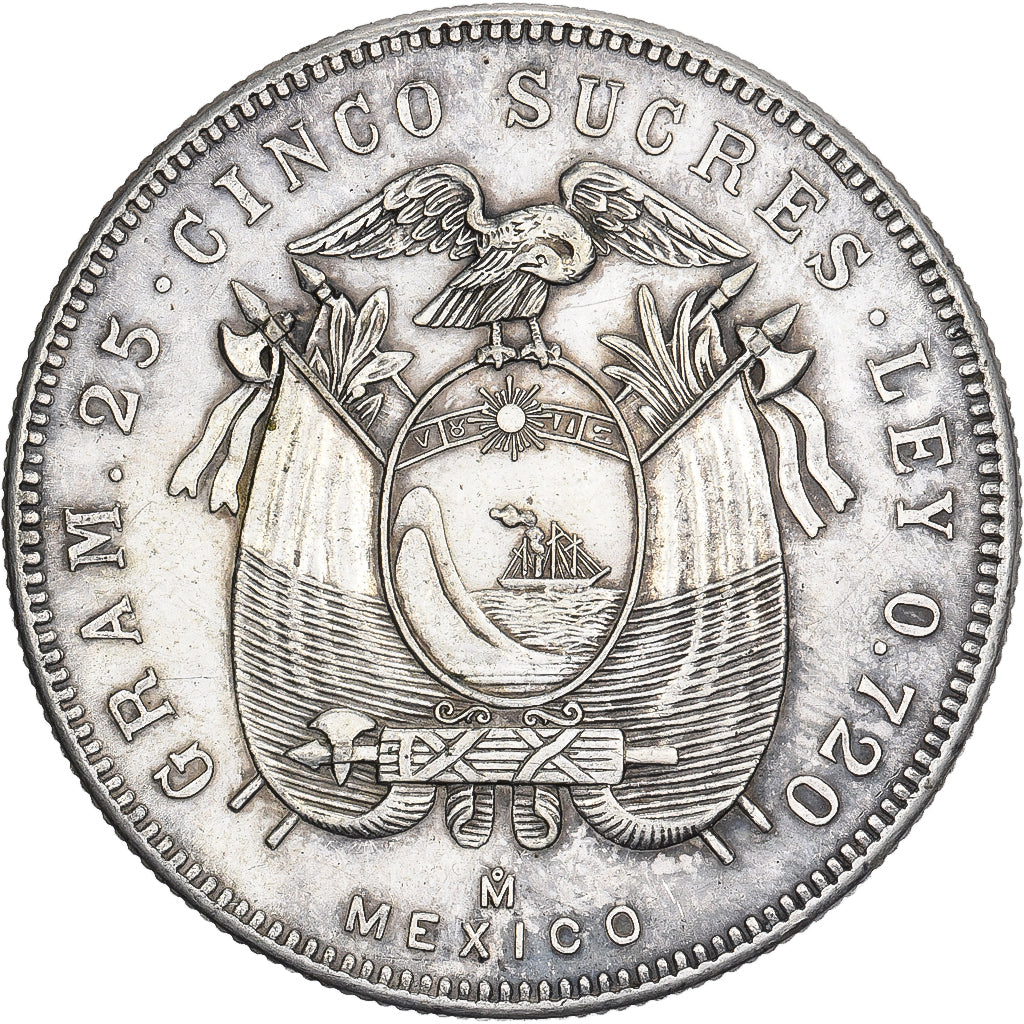 Ecuador, 5 Sucres, Cinco, 1943, Mexico City, Argento, BB+, KM:79