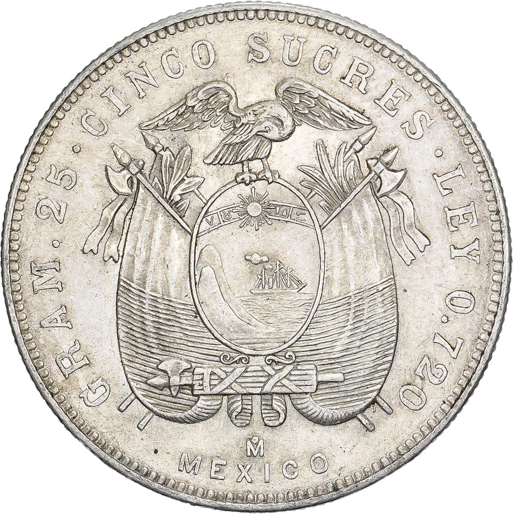 Ecuador, 5 Sucres, Cinco, 1944, Mexico City, Plata, MBC+, KM:79