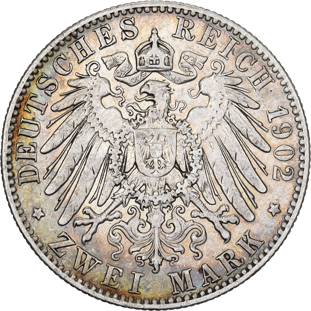 Estados Alemães, SAXONY-ALBERTINE, Albert, 2 Mark, 1902, Muldenhütten, Prata