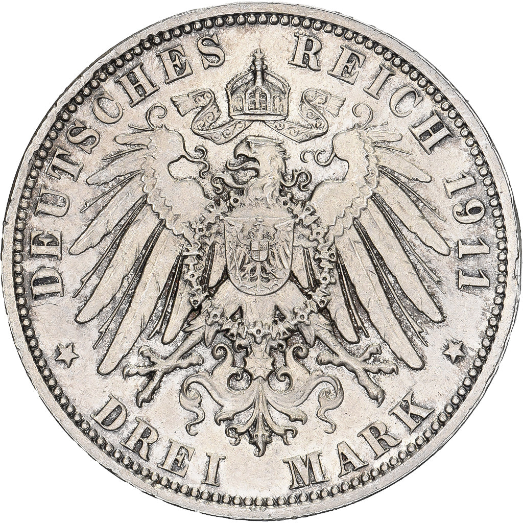 États allemands, BAVARIA, Otto, 3 Mark, 1911, Munich, Luitpold, Argent, SUP+