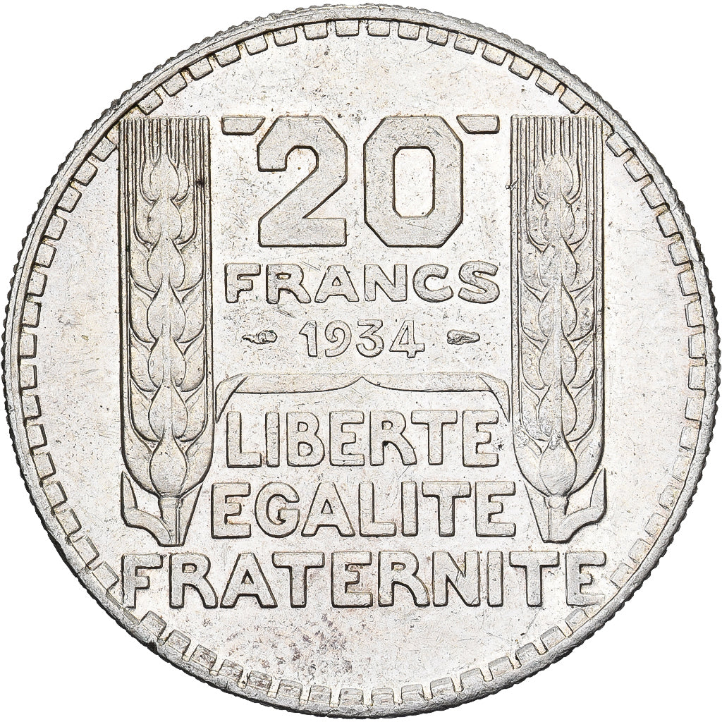 France, 20 Francs, Turin, 1934, Paris, Silver, AU(50-53), Gadoury:852, KM:879