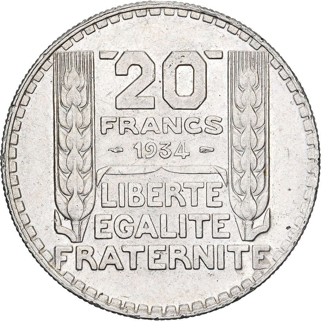France, 20 Francs, Turin, 1934, Paris, Silver, AU(55-58), Gadoury:852, KM:879