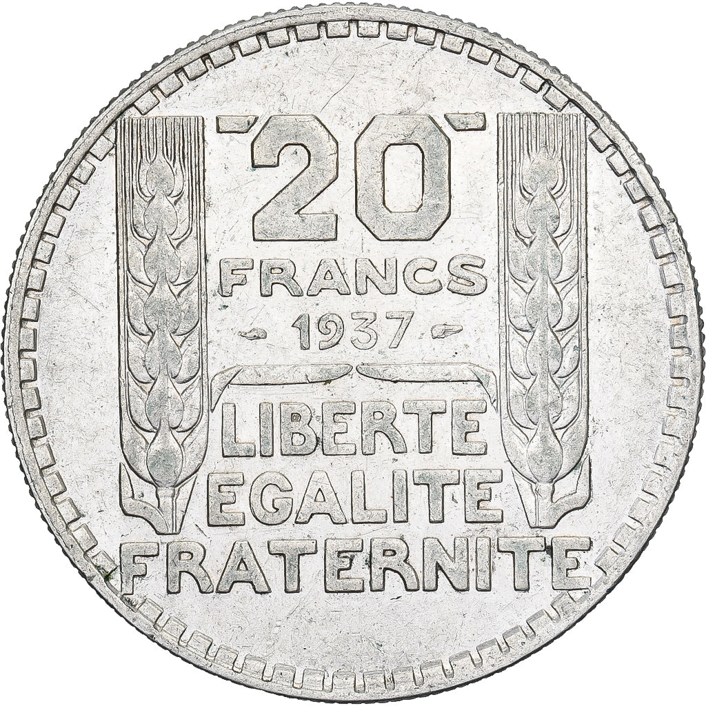 France, 20 Francs, Turin, 1937, Paris, Silver, AU(50-53), Gadoury:852, KM:879