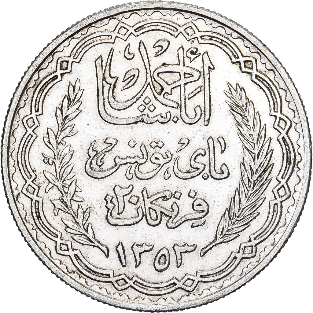 Tunisia, Ahmad Pasha Bey, 20 Francs, 1935/AH1353, Paris, Argento, BB, KM:263