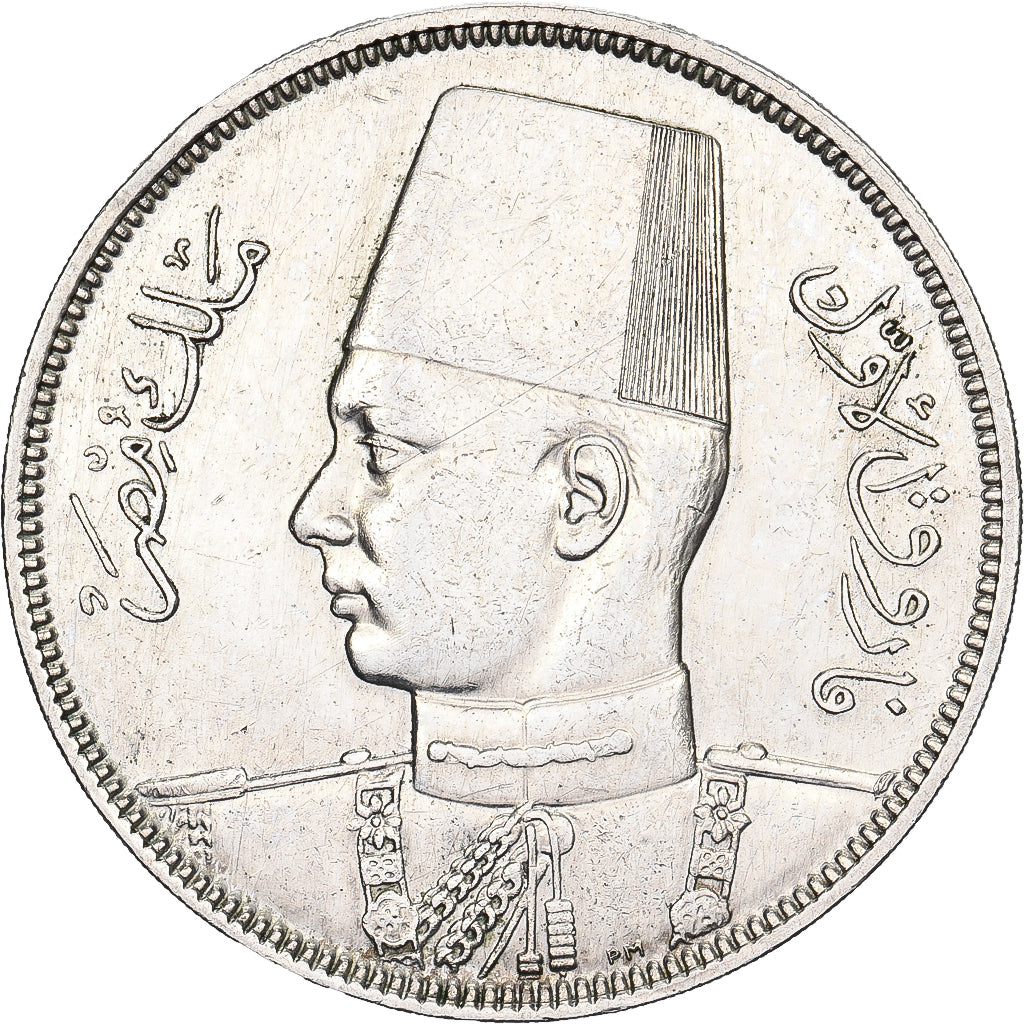 Egitto, Farouk, 10 Piastres, 1937/AH1356, British Royal Mint, Argento, BB