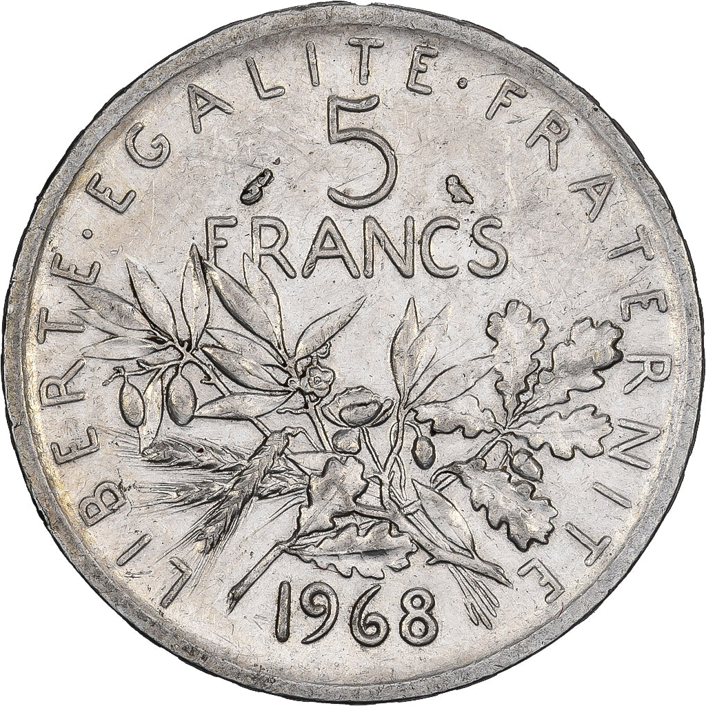 Frankrijk, 5 Francs, Semeuse, 1968, Paris, Zilver, ZF, Gadoury:770, Le