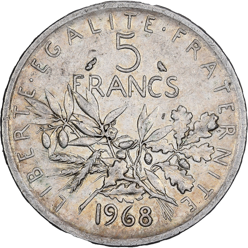Frankrijk, 5 Francs, Semeuse, 1968, Paris, Zilver, ZF+, Gadoury:770, Le