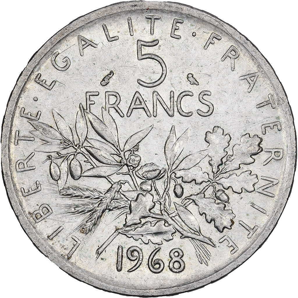 Frankrijk, 5 Francs, Semeuse, 1968, Paris, Zilver, ZF+, Gadoury:770, Le