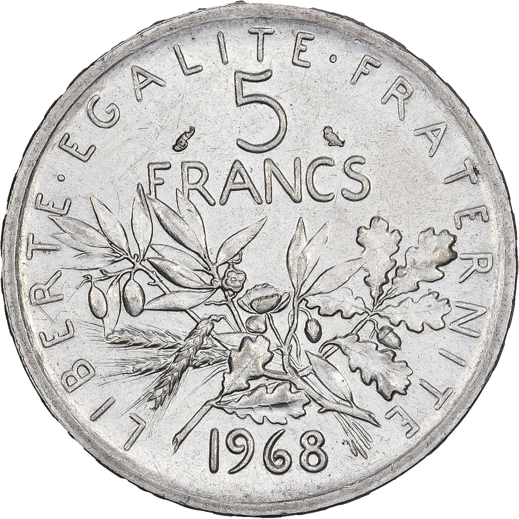 Frankrijk, 5 Francs, Semeuse, 1968, Paris, Zilver, ZF+, Gadoury:770, Le