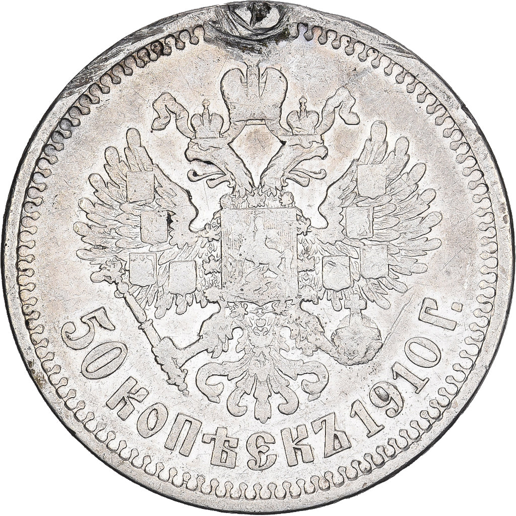 Rusia, 50 Kopeks, 1910, Plata, BC+