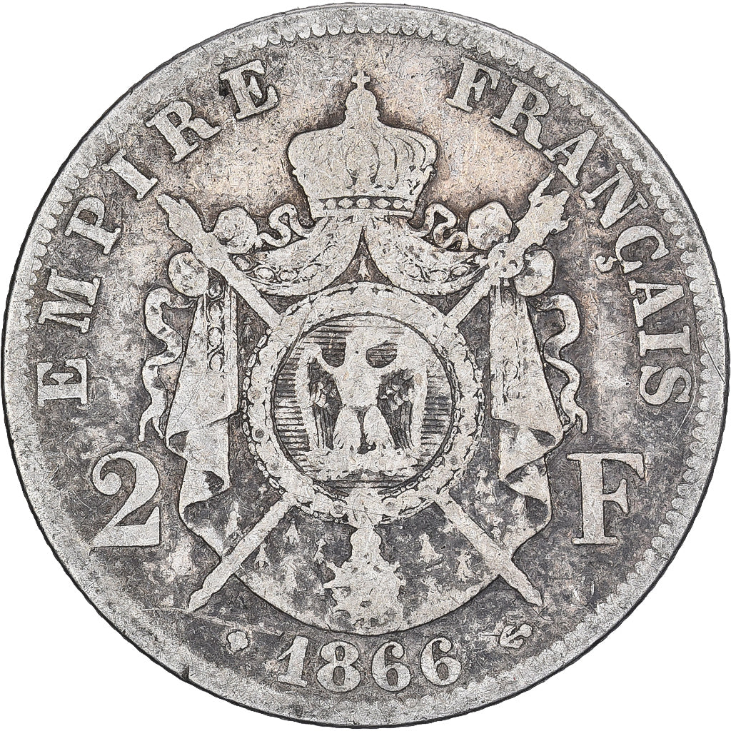 France, Napoleon III, 2 Francs, Napoléon III, 1866, Strasbourg, Silver