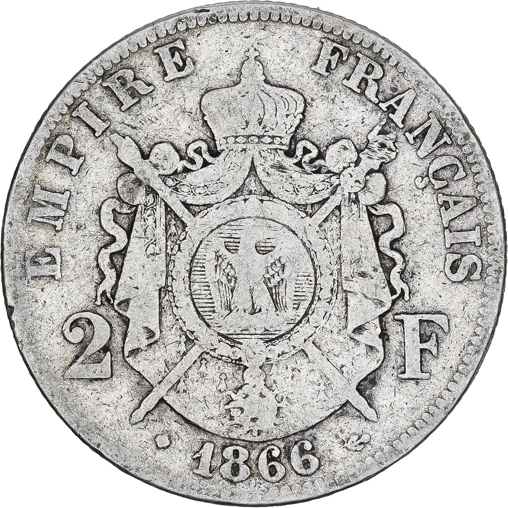 Francia, Napoleon III, 2 Francs, Napoléon III, 1866, Strasbourg, Argento, MB+