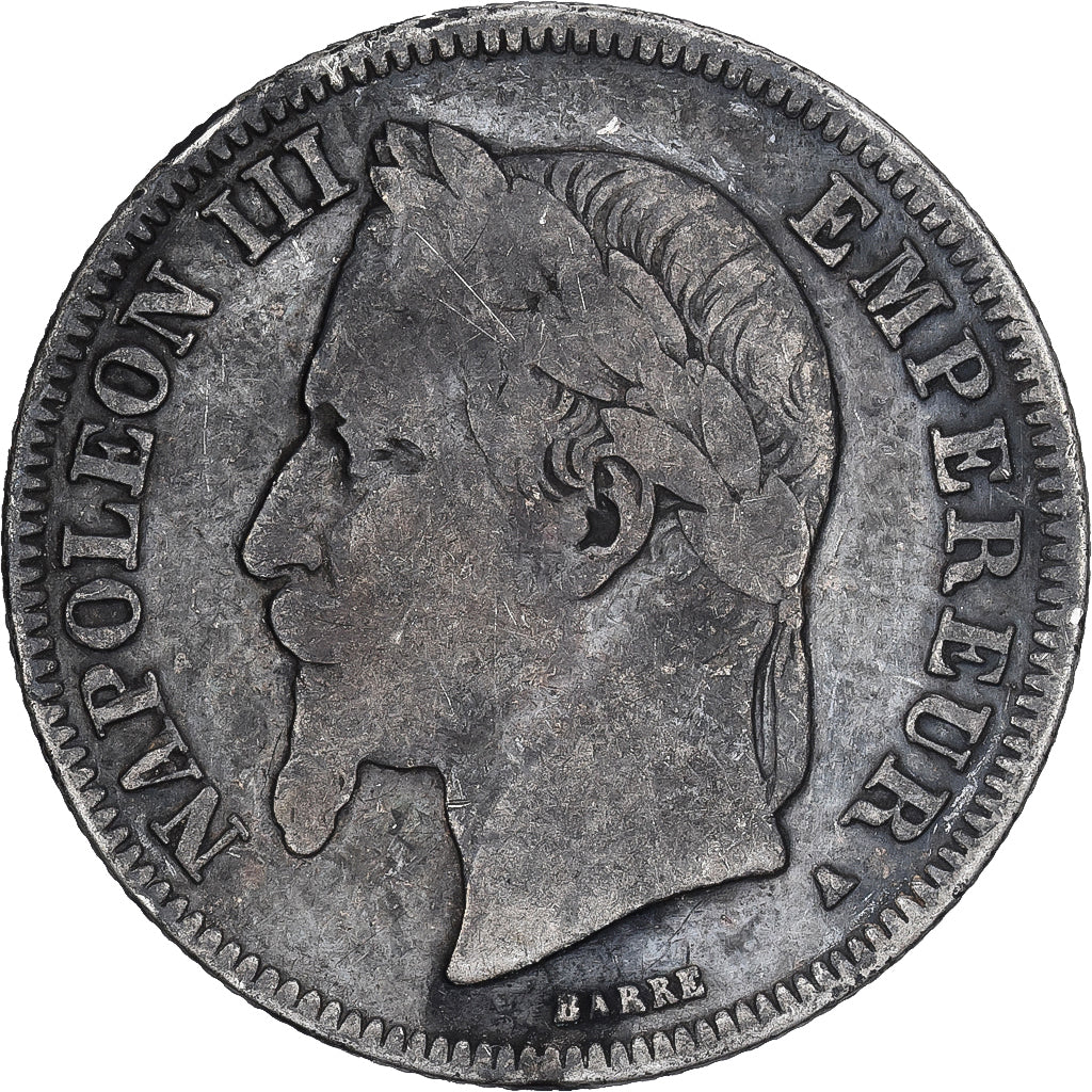 França, Napoleon III, 2 Francs, 1868, Paris, Prata, F(12-15), Gadoury:527