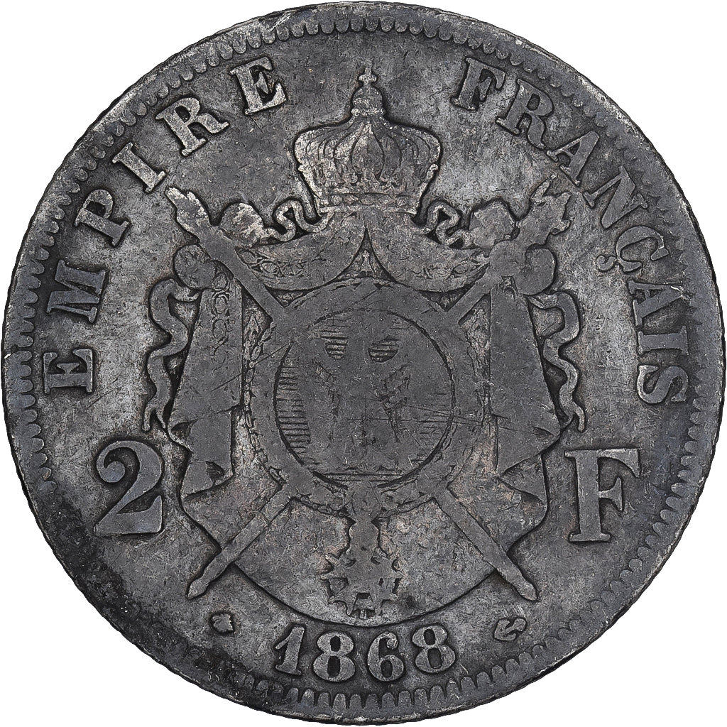 França, Napoleon III, 2 Francs, 1868, Paris, Prata, F(12-15), Gadoury:527