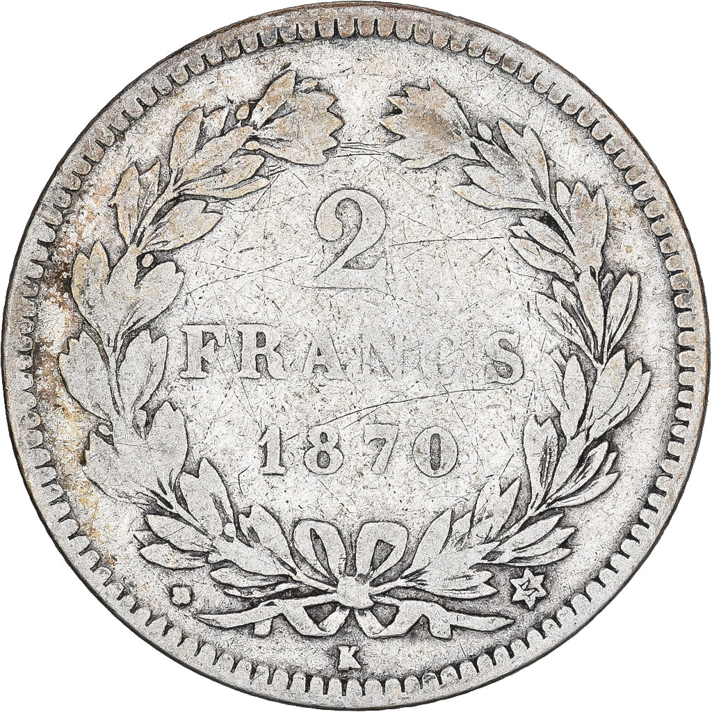 Moneda, Francia, Cérès, 2 Francs, 1870, Bordeaux, BC, Plata, KM:816.2