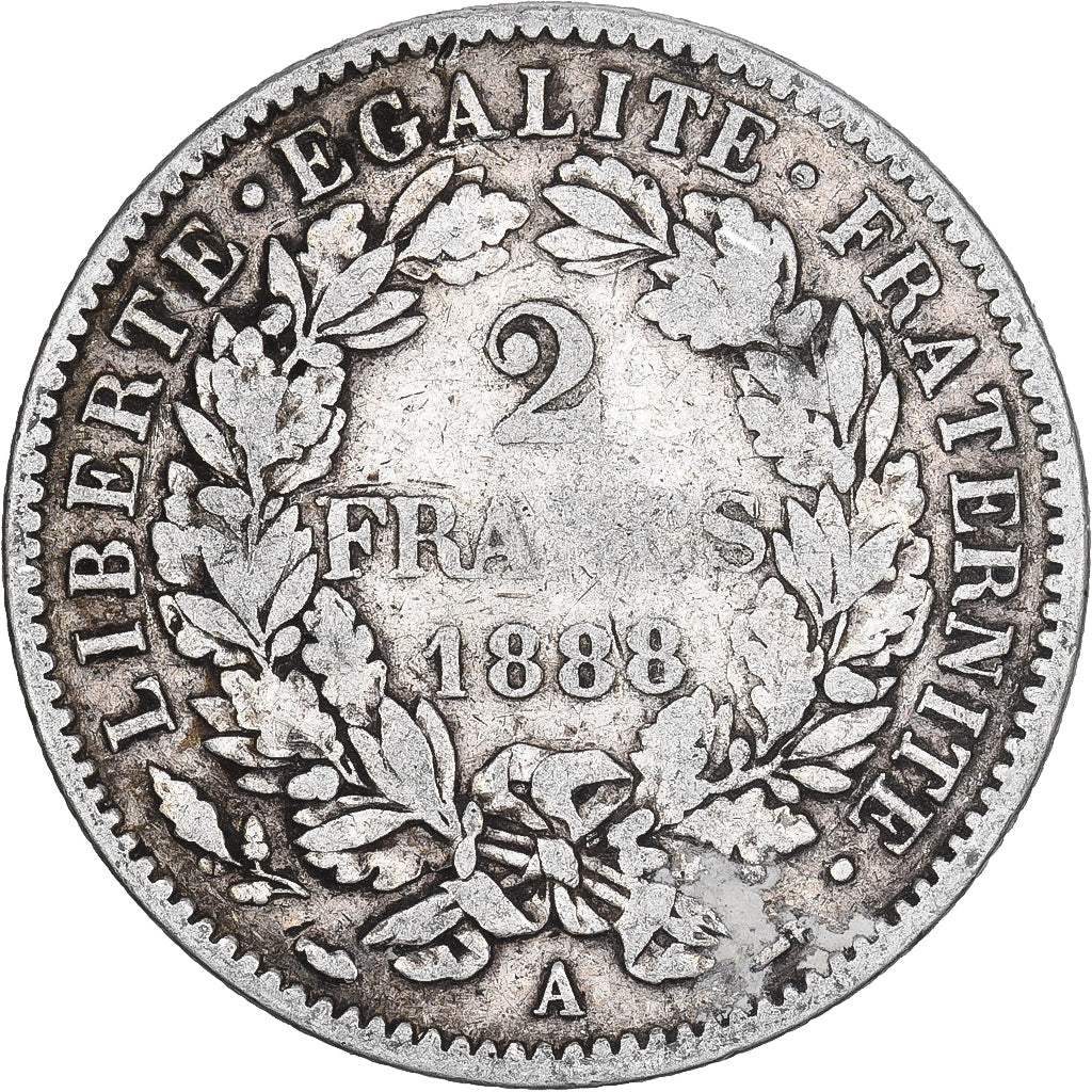 Francia, 2 Francs, Cérès, 1888, Paris, Plata, BC+, Gadoury:530a, KM:817.1