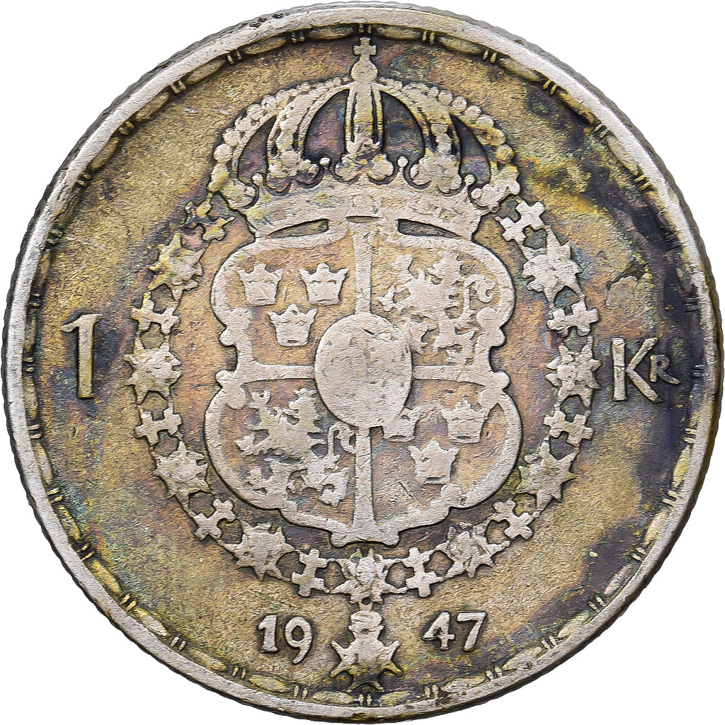 Zweden, Gustaf V, Krona, 1947, Zilver, FR+, KM:814