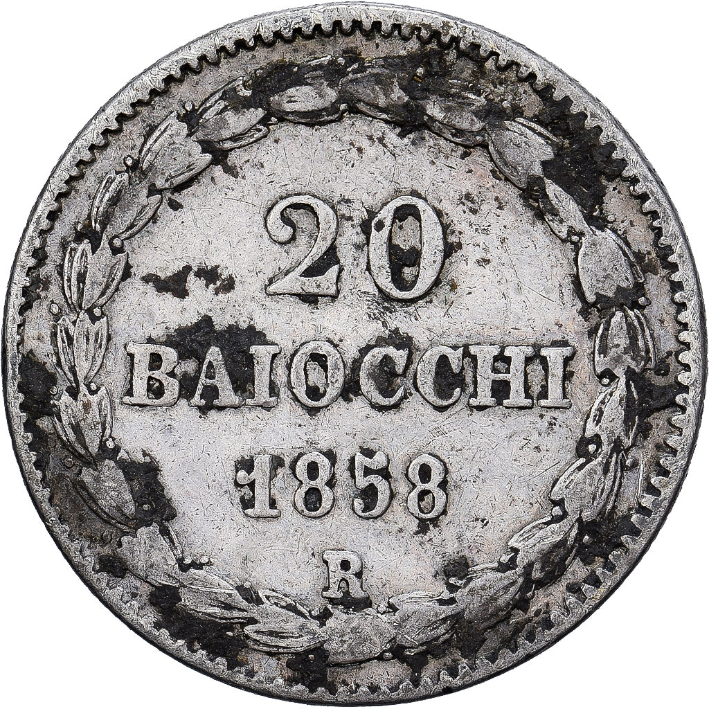 Papal States, Pius IX, 20 Baiocchi, 1858, Rome, Zilver, FR