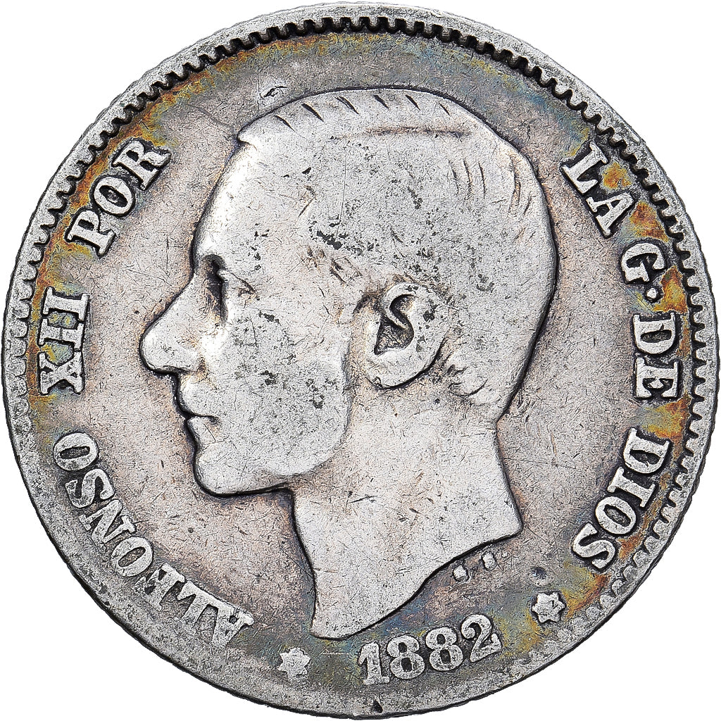 España, Alfonso XII, Peseta, 1882, Plata, BC+, KM:686