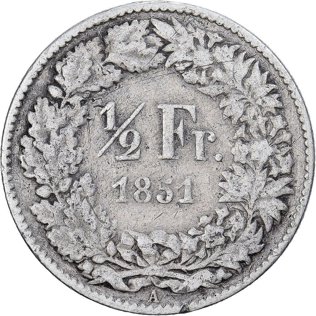 Suiza, 1/2 Franc, Helvetia, 1851, Plata, BC+, KM:8