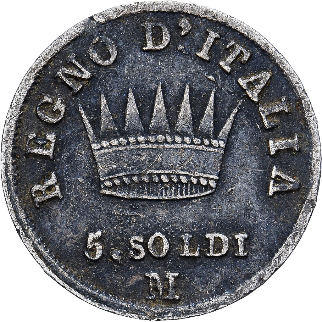 Italia, Royaume d'Italie, Napoleon I, 5 Soldi, 1810, Milan, Plata, BC+, KM:5
