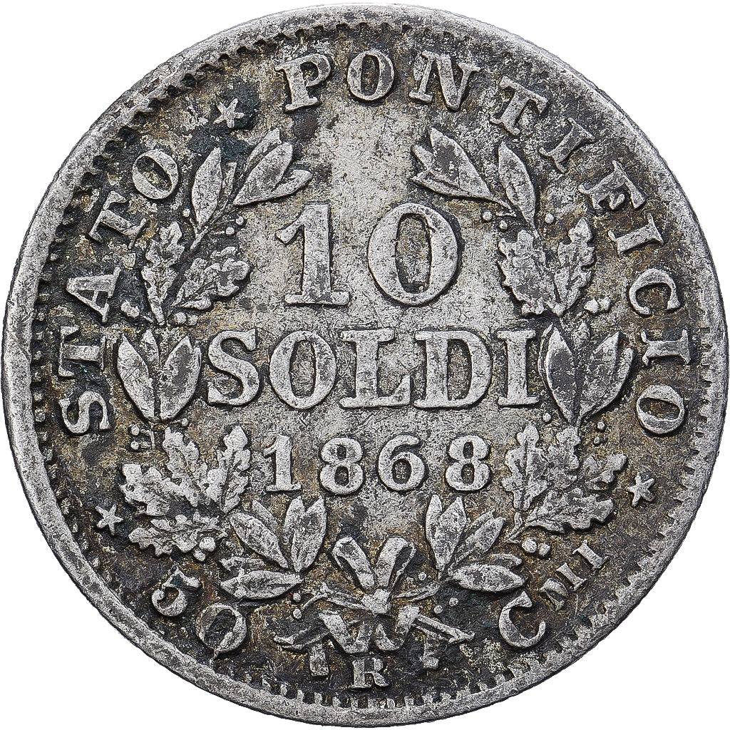 Papal States, Pius IX, 10 Soldi, 1868, Rome, Argento, MB, KM:1386.1